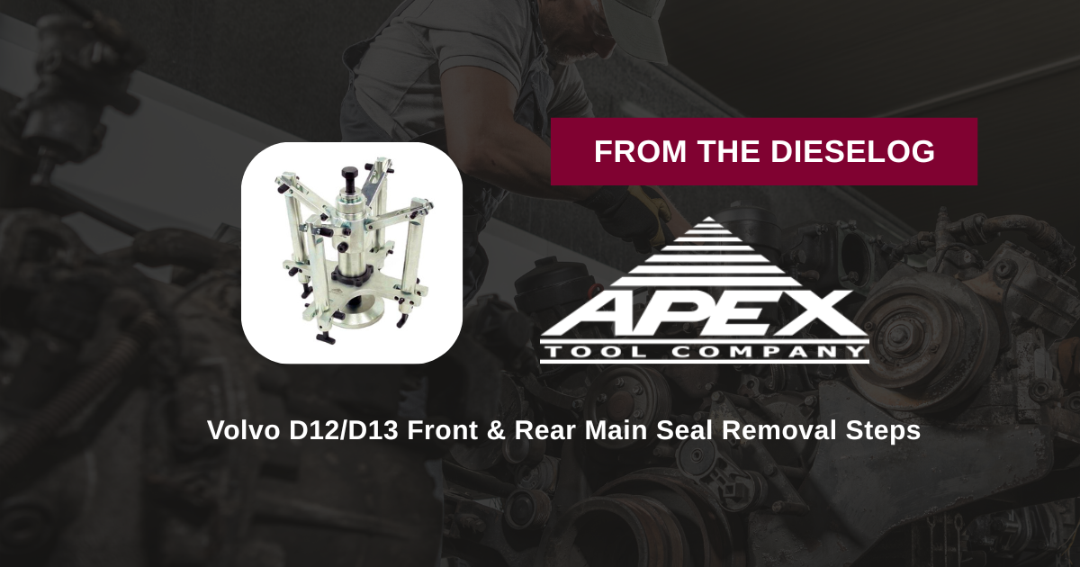 Step-by-step close up view of heavy-duty crankshaft seal remover tool mounted to a diesel engine crankshaft flange